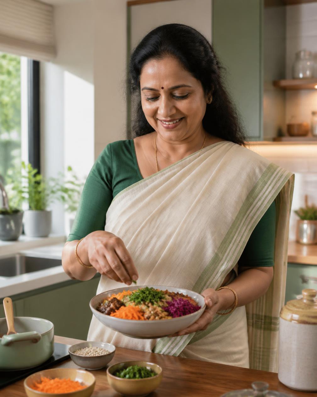 Malayali woman preparing a fresh, balanced home-cooked meal in a bright kitchen